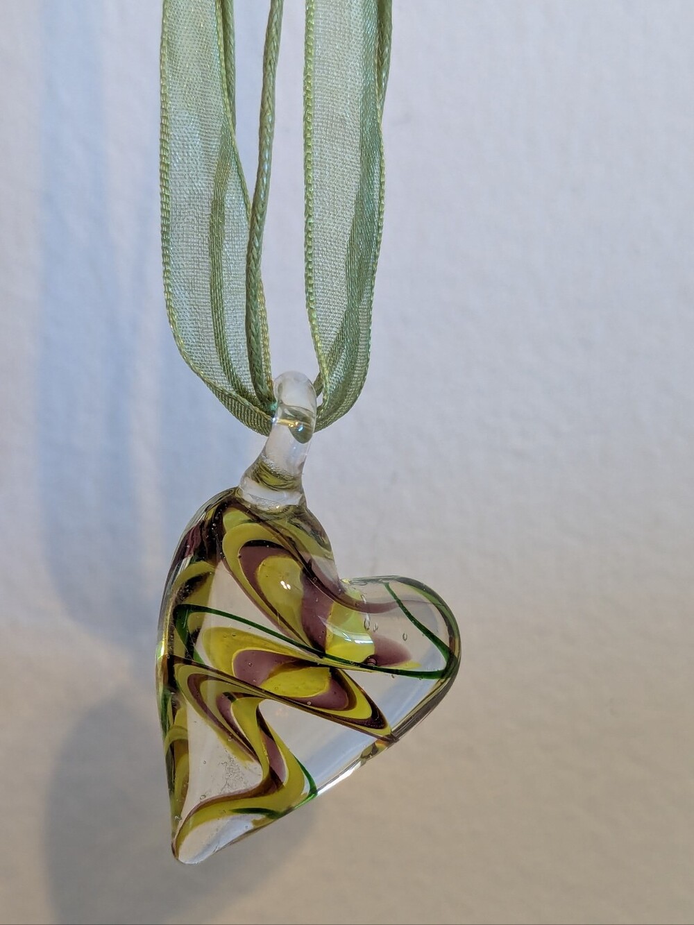 Handblown Glass Heart Pendant Necklace - Green Ribbon - Picture 2 of 5